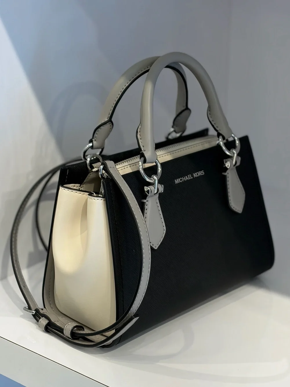 MICHAEL KORS Black, Light Gray and White Satchel